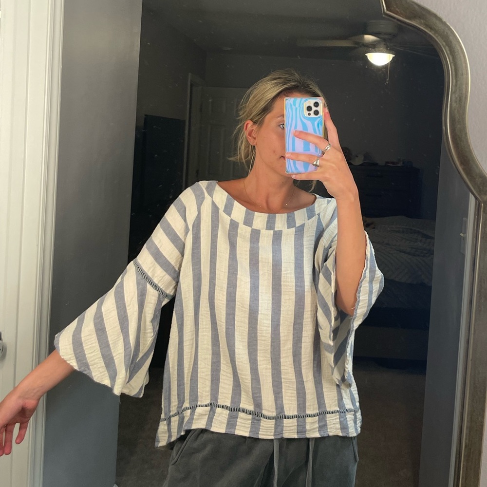 striped linen boat neck blouse with bell sleeves